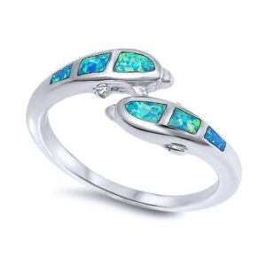 doubleaccent sterling silver simulated blue opal two dolphins open ladies ring 9mm (size 5 to 10), 8