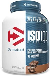 dymatize iso 100 hydrolyzed whey protein powder isolate, fudge brownie, 5 pound