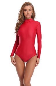 speerise womens turtleneck long sleeve bodysuit, adult stretchy leotards tops with zipper closure, pure color soft jumpsuit for yoga, gymnastics, dance