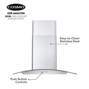 COSMO 668A750 Wall Mount Range Hood 380-CFM with Ducted Glass Chimney Kitchen Stove Vent, LED Light, 3 Speed Exhaust Fan, Permanent Filter, Stainless Steel (30 inch)