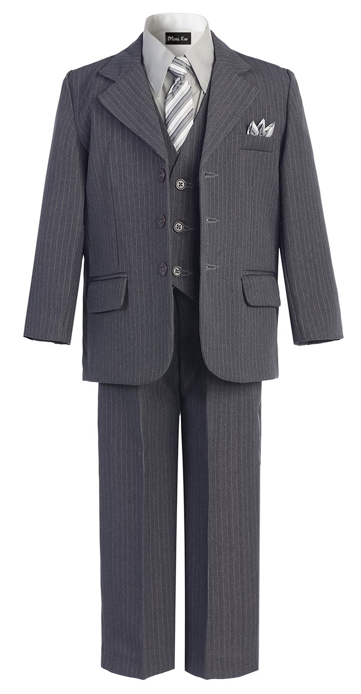 OLIVIA KOO Boys Pinstripe 6-Piece Suit With Matching Neck Tie and Pocket Square,Gray,3T