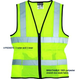 MCR Safety LVCL2MLM Ladies Sized Class 2 Lightweight Safety Vest, Silver Reflective Stripe, Zipper Front, Lime, Medium