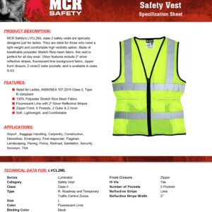 MCR Safety LVCL2MLM Ladies Sized Class 2 Lightweight Safety Vest, Silver Reflective Stripe, Zipper Front, Lime, Medium