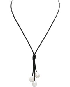 pearlypearls 3 freshwater pearl pendant necklace on black leather cord jewelry for women 18''