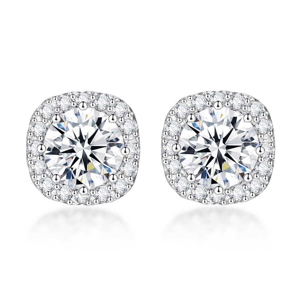 SENCLE S925 Sterling Silver with 18K White Gold Plated Square Cubic Zirconia Halo Stud Earrings for Women