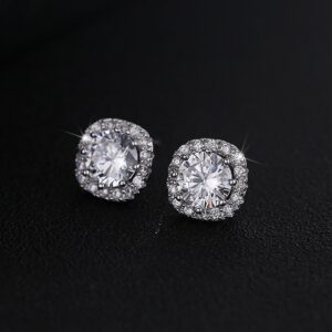 SENCLE S925 Sterling Silver with 18K White Gold Plated Square Cubic Zirconia Halo Stud Earrings for Women