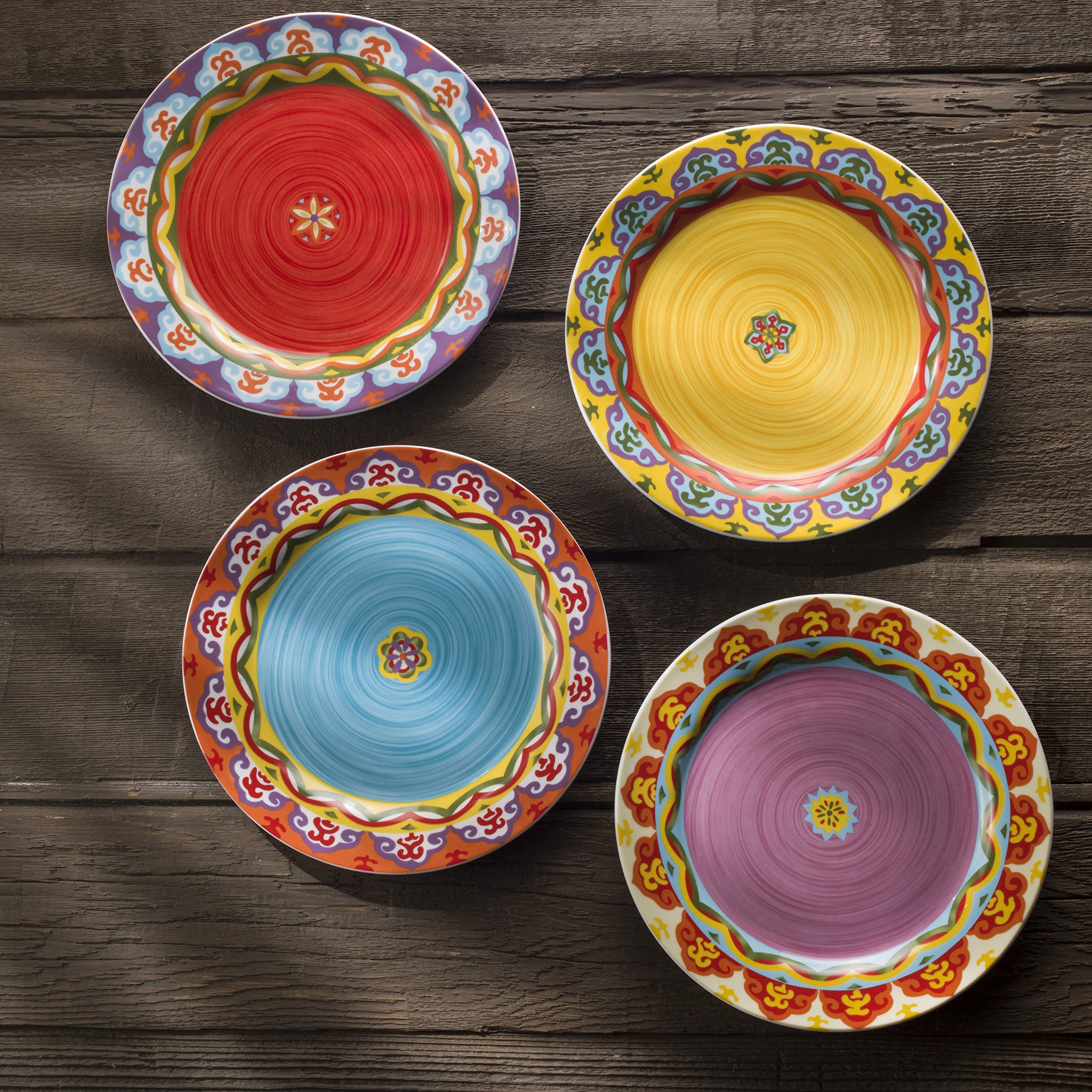 Euro Ceramica EC-GAL-1001 Galicia Collection Andalusian-Inspired 16 Piece Dinnerware Set, Vibrant Assorted Patterns, Multicolor