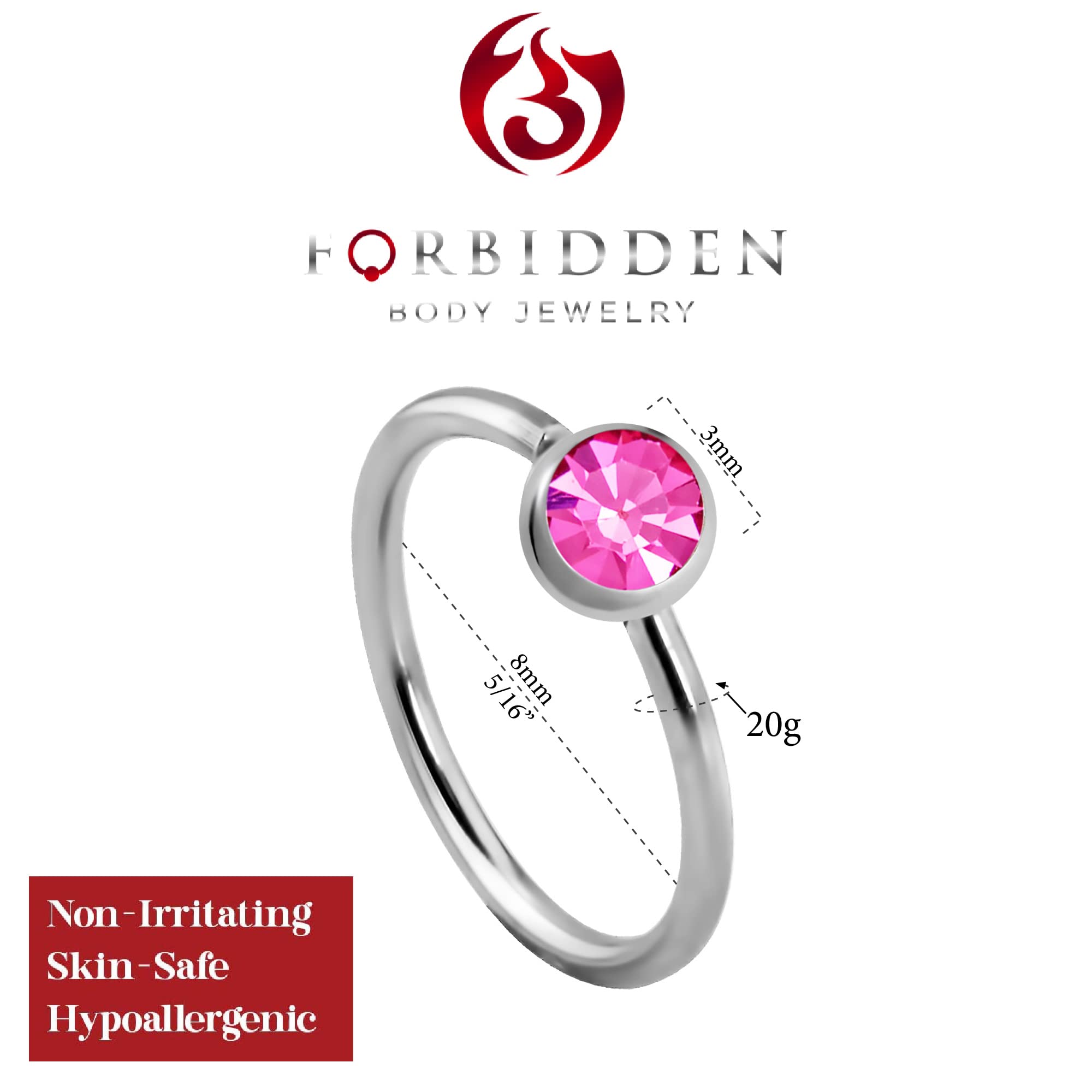 Forbidden Body Jewelry 20g Surgical Steel 8mm Pink CZ Crystal Hoop Nose Ring