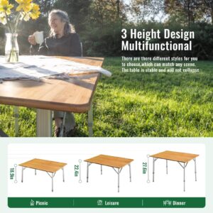 KingCamp Bamboo Folding Table Portable Camping Table Adjustable Height Camp Table 2-Folds for Travel, Picnic, Beach, Outdoor and Indoor, 4-6 People