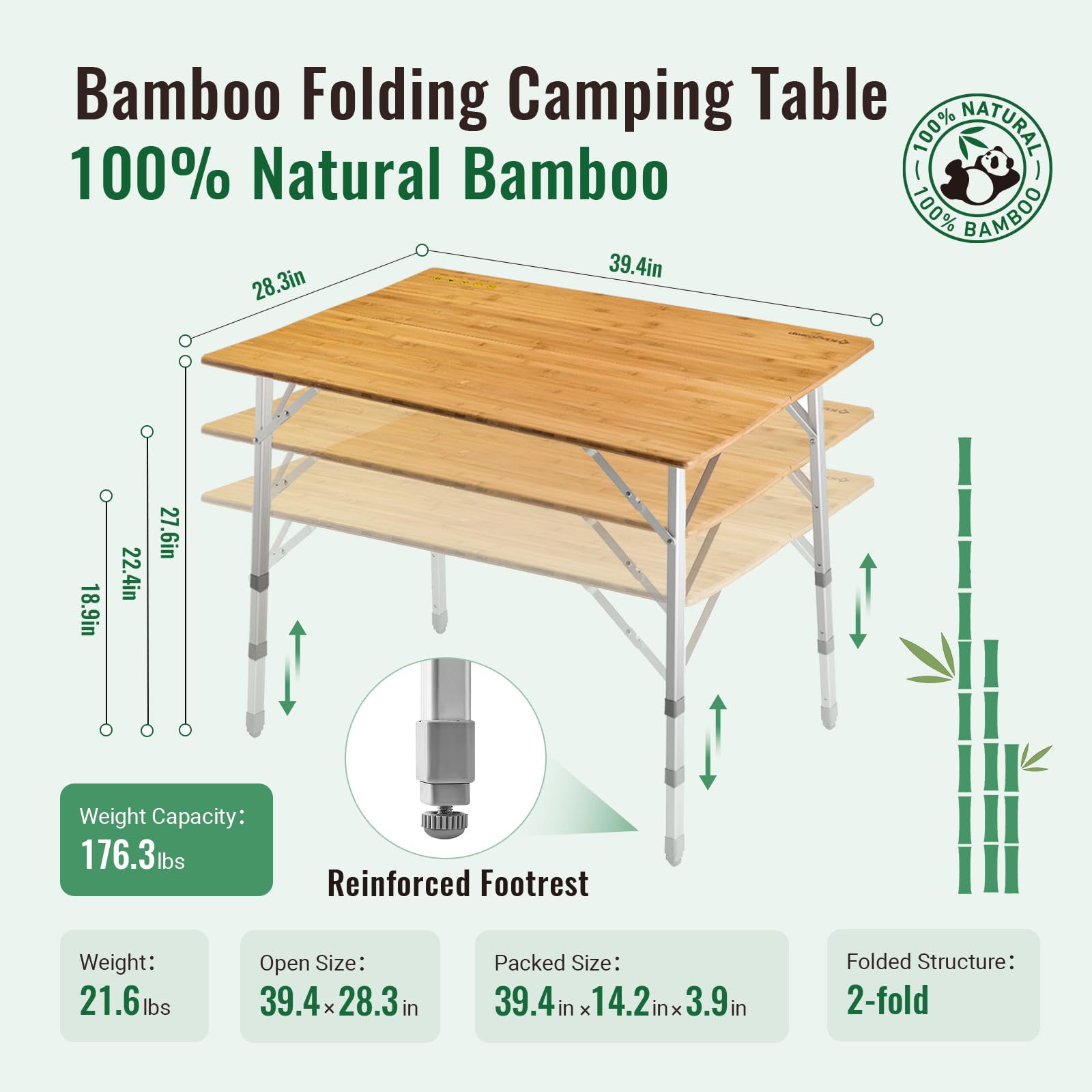 KingCamp Bamboo Folding Table Portable Camping Table Adjustable Height Camp Table 2-Folds for Travel, Picnic, Beach, Outdoor and Indoor, 4-6 People