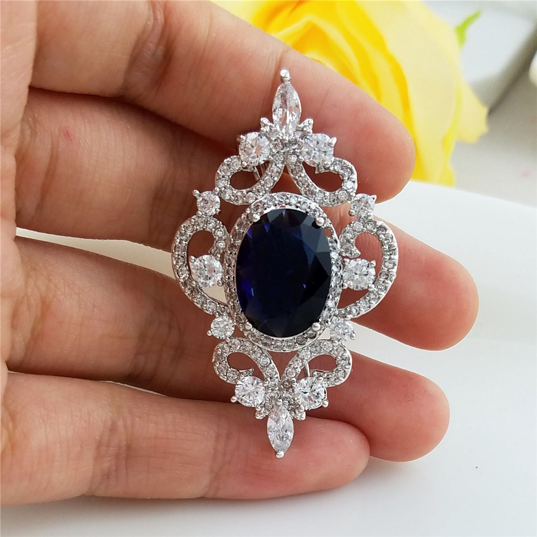 SELOVO Vintage Style Women's Blue Oval Sapphire-color CZ Crystal Wedding Bridal Pin Brooch Silver Tone