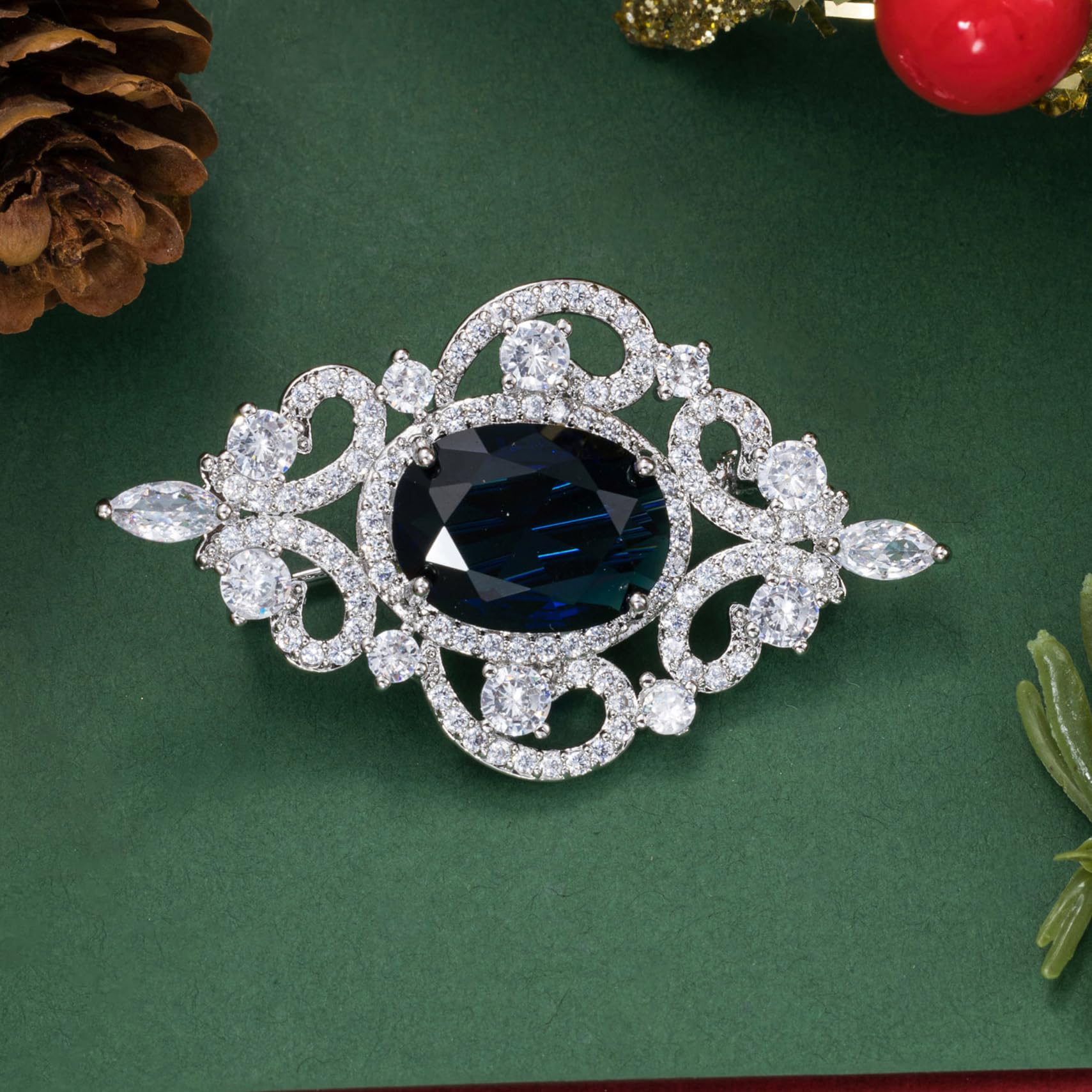 SELOVO Vintage Style Women's Blue Oval Sapphire-color CZ Crystal Wedding Bridal Pin Brooch Silver Tone