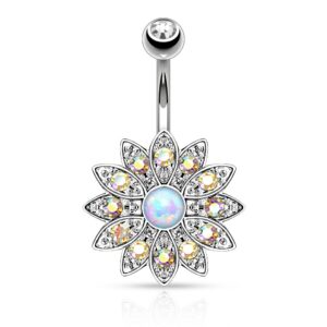 Forbidden Body Jewelry Aurora Borealis CZ Crystal Pave Flower with Opalite Gemstone Center Belly Button Ring