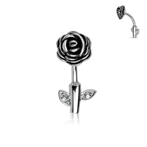 Forbidden Body Jewelry Surgical Steel Rhodium Plated Reverse Top Down Rose with CZ Crystals Belly Ring