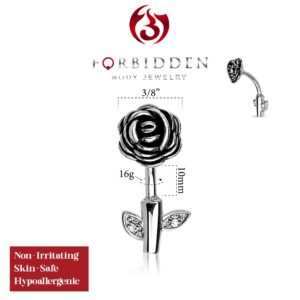 Forbidden Body Jewelry Surgical Steel Rhodium Plated Reverse Top Down Rose with CZ Crystals Belly Ring