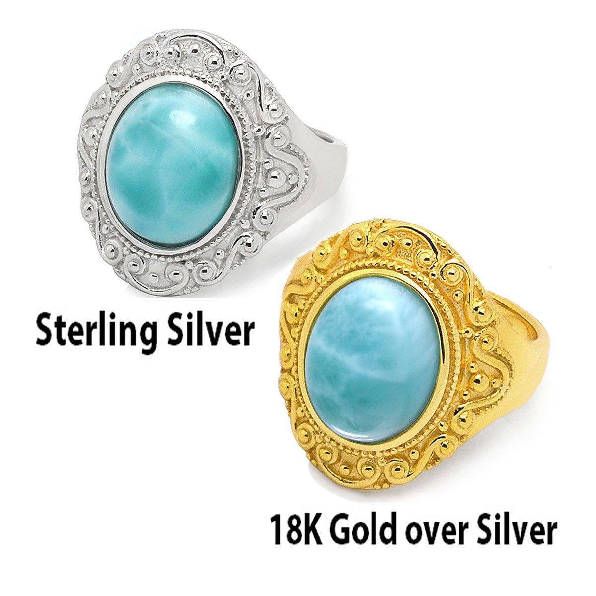 De Buman 18K Gold over Silver Natural Larimar Gemstone Ring