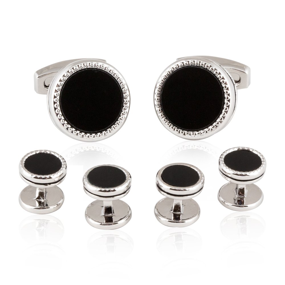 Cuff-Daddy Tuxedo Cufflinks Studs Formal Set Black Onyx Silver with Presentation Box Gift Party Special Occasions Wedding Anniversary Suit French Cuff Shirts Unique Cufflinks Set