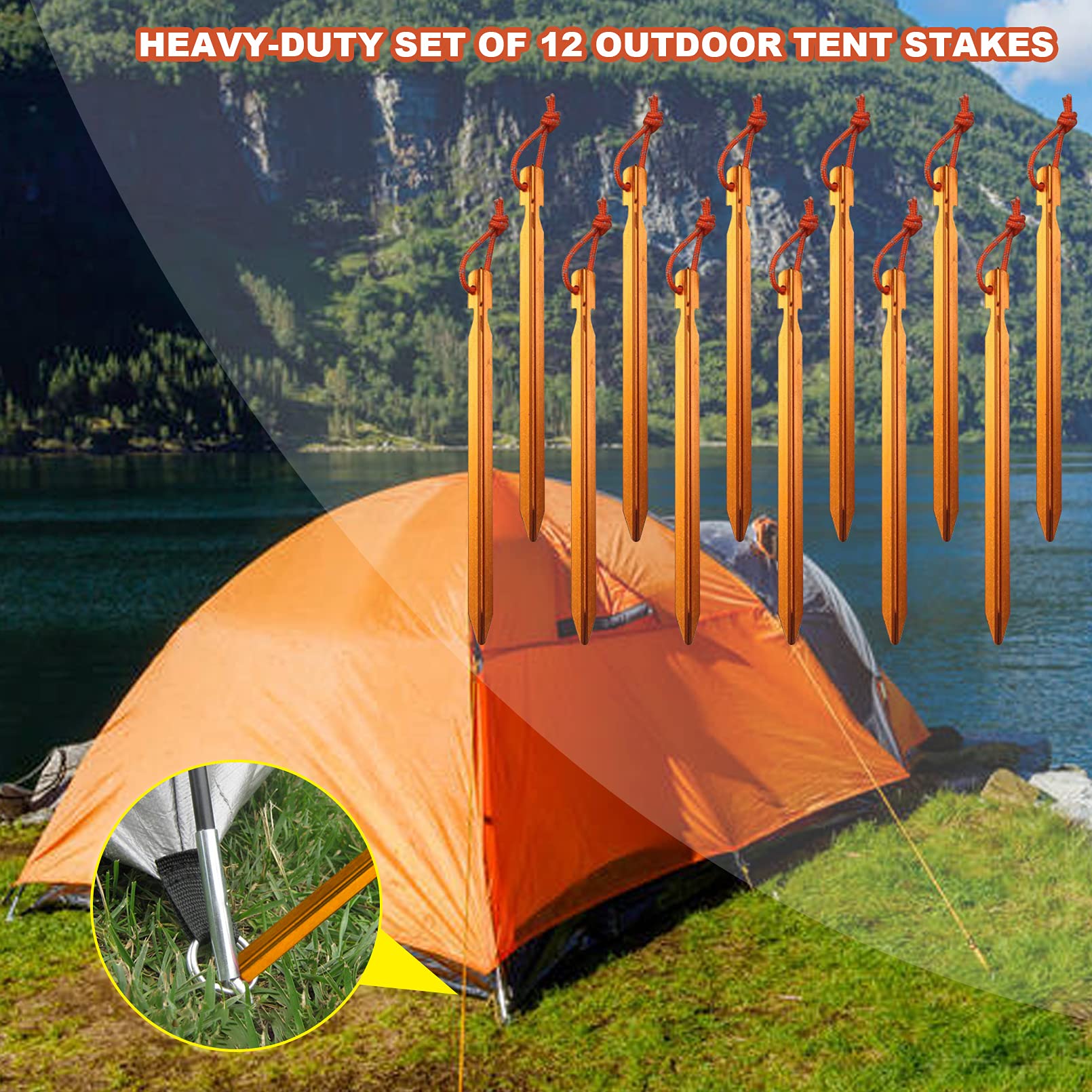 12 Pack Tent Stakes, 7075 Ground Metal Camping Aluminum Tent Pegs, Lightweight Tent Stakes Heavy Duty Spikes Camping Accessories, Orange