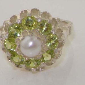 925 Sterling Silver Cultured Pearl and Peridot Womens Band Ring - Size 10