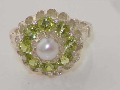 925 Sterling Silver Cultured Pearl and Peridot Womens Band Ring - Size 10