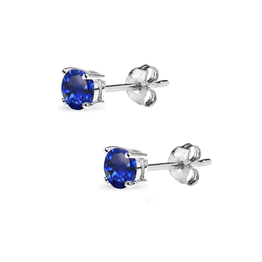 Sapphire Earrings | 925 Sterling Silver Earing | 4mm Round Solitaire Studs Created Blue Sapphire Earrings for Women