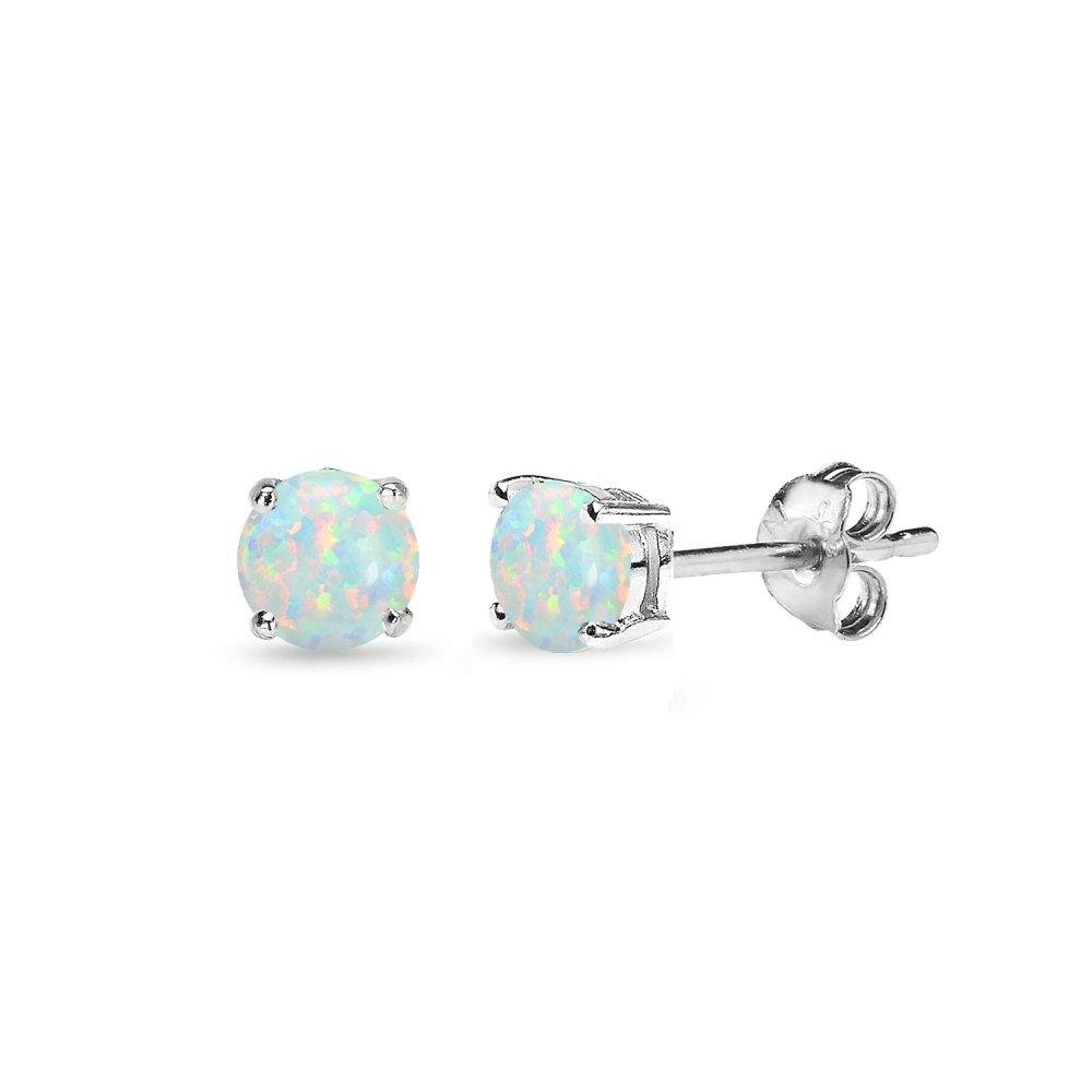 Opal Earrings for Women Sterling Silver Simulated White Opal 4mm Round-Cut Solitaire Small Stud Earrings for Teens