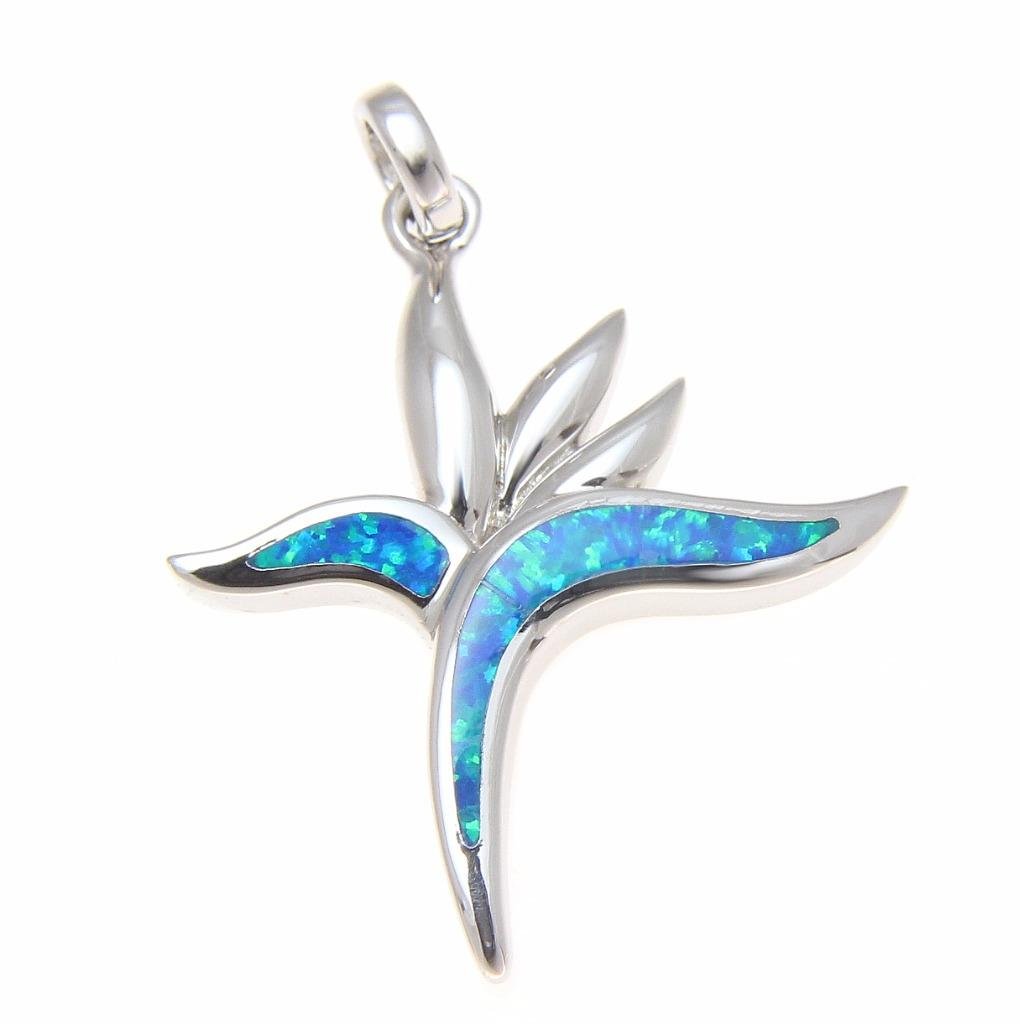 Arthur's Jewelry 925 Sterling silver Hawaiian bird of paradise flower blue synthetic opal pendant