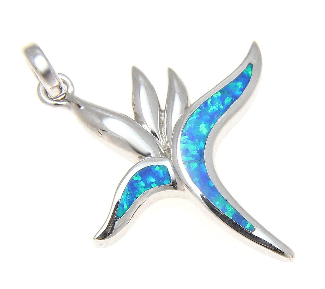 Arthur's Jewelry 925 Sterling silver Hawaiian bird of paradise flower blue synthetic opal pendant