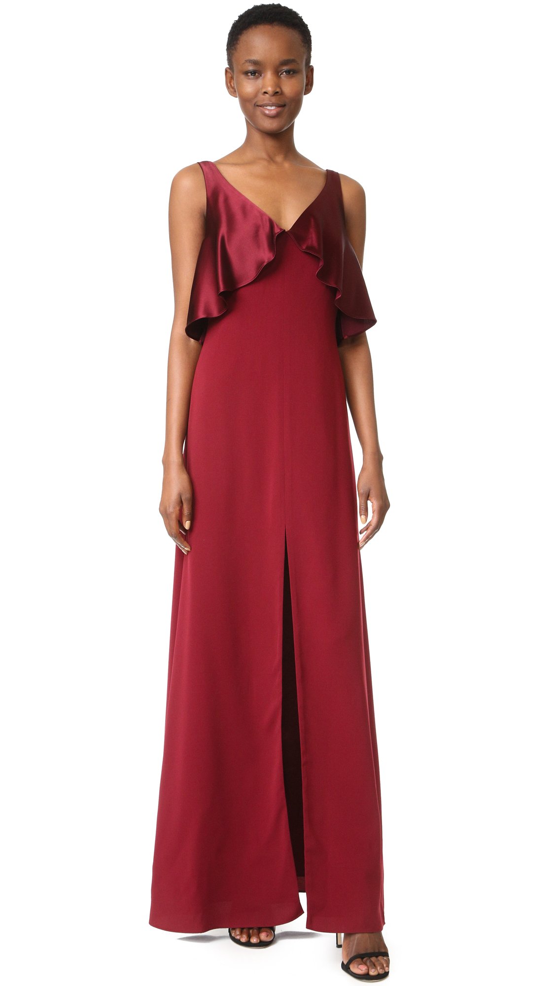 Jill Jill Stuart Women's Deep-V Satin Back Crepe Gown, Oxblood, 10