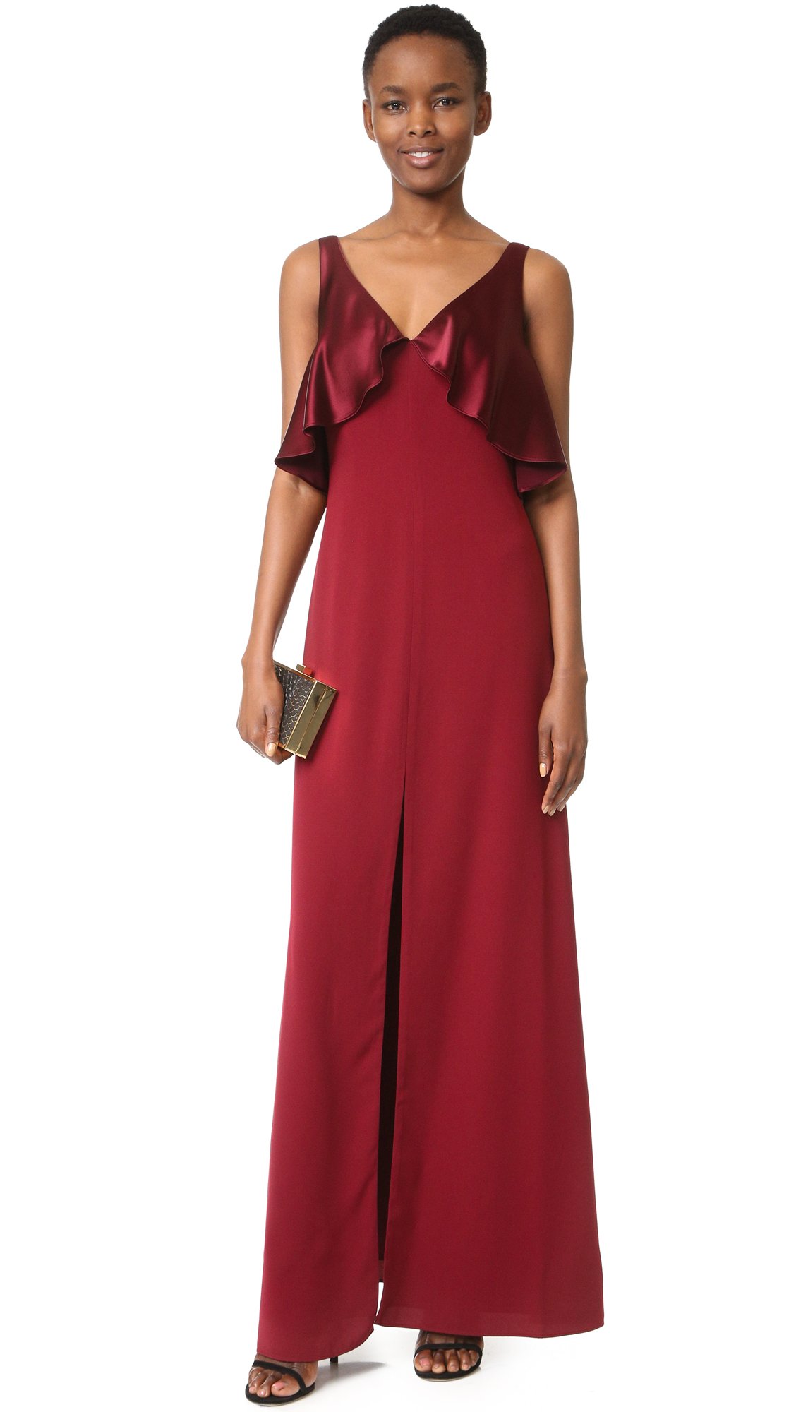 Jill Jill Stuart Women's Deep-V Satin Back Crepe Gown, Oxblood, 10