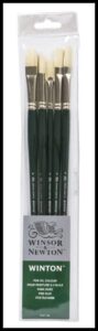 winsor & newton winton long handle brush (5 pack) (round 6, filbert 6, flat 6, bright 8, fan 3)