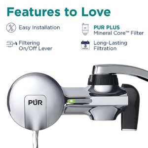 PUR PLUS Faucet Mount Water Filtration System, 3-in-1 Powerful, Natural Mineral Filtration with Lead Reduction, Horizontal, Chrome, PFM400H