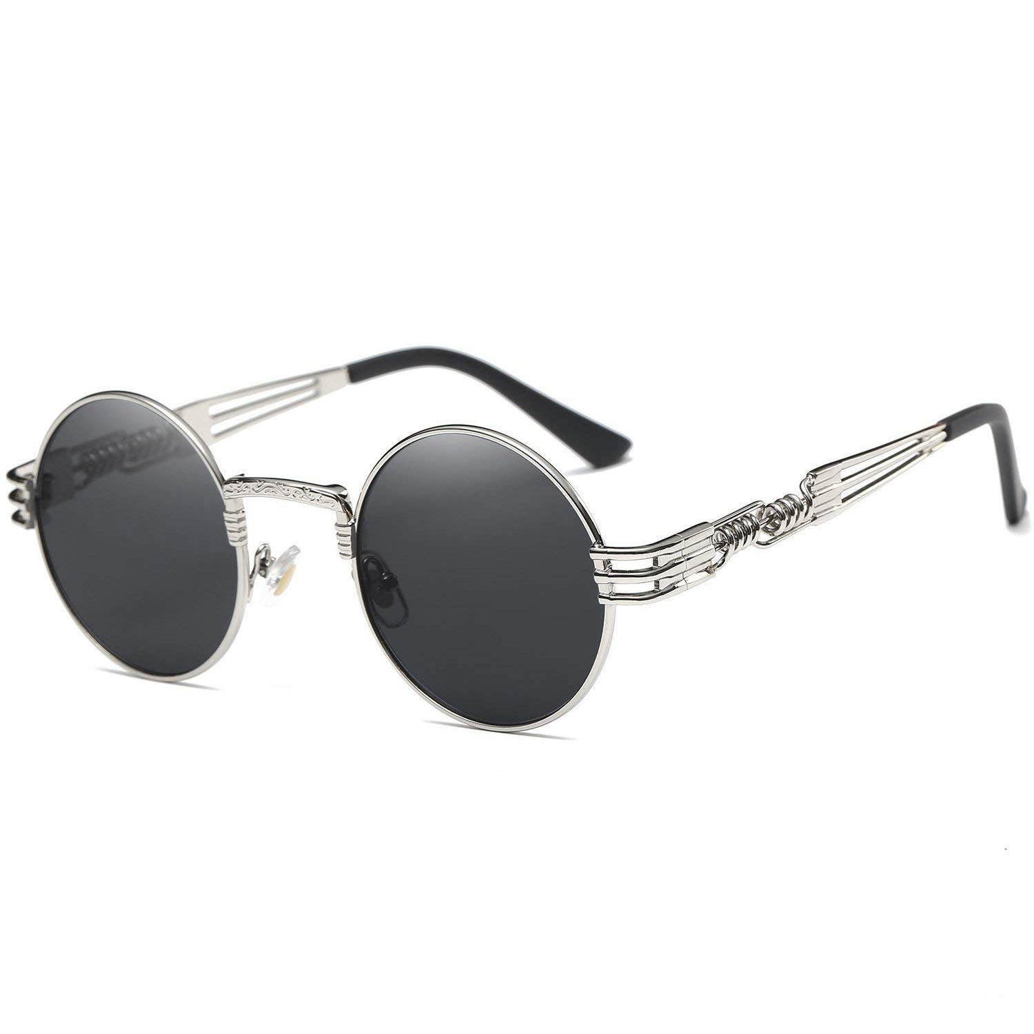 Dollger Round Sunglasses Steampunk Metal Classic Frame Mirror Lens(C1:Black Lens+ Silver Frame)