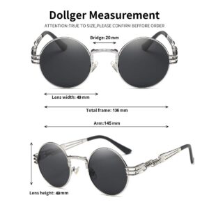 Dollger Round Sunglasses Steampunk Metal Classic Frame Mirror Lens(C1:Black Lens+ Silver Frame)