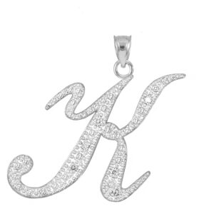 Claddagh Gold .925 Sterling Silver Cubic Zirconia Dangling Cursive Initial K Charm 4/5" Pendant