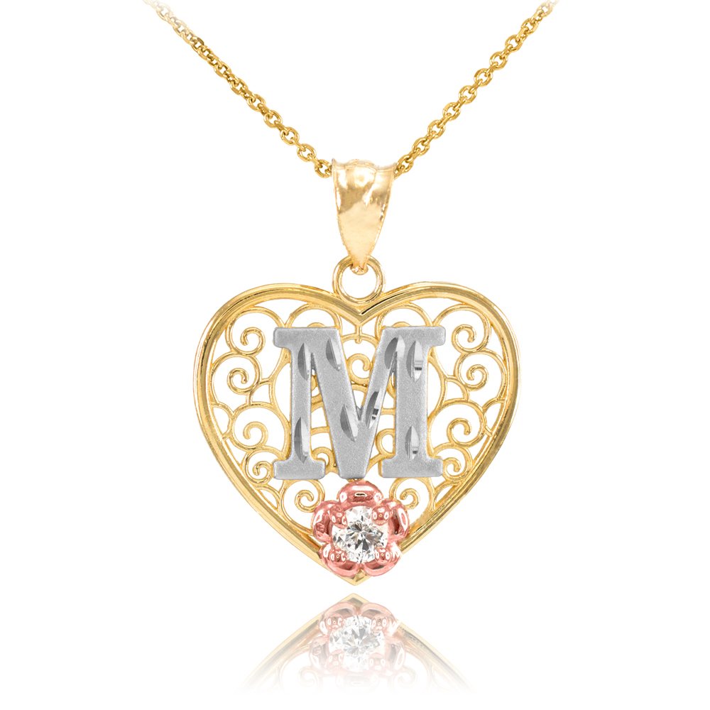 Sideways Crosses 14k Tri-Tone Gold Filigree Heart with CZ Flower Initial Letter M Pendant Necklace, 22"