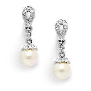 mariell vintage cz and ivory pearl drop clip on wedding earrings for brides - genuine platinum plated