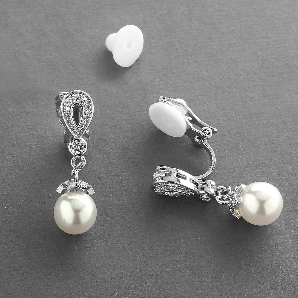 Mariell Vintage CZ and Ivory Pearl Drop Clip On Wedding Earrings for Brides - Genuine Platinum Plated