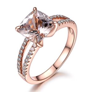 pink morganite engagement ring,8mm cushion cut stone,solid 14k rose gold,split shank band