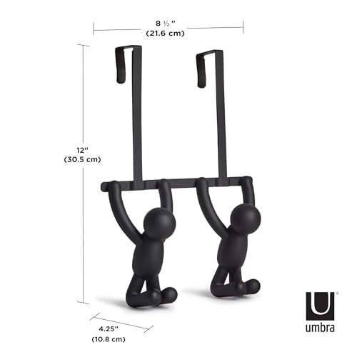 Umbra Buddy Over The Door Double Hook- Over the Door Double Hook, Decorative, Increases Storage, Storage for Coats, Hats, Scarves, Towels and More, Matte Black Finish 12-1/2 by 8-1/2 by 4 1/4"