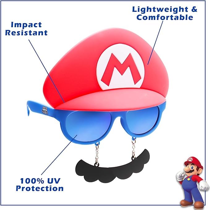 Sun-Staches Nintendo Official Mario Sunglasses, UV400 Costume Accessory, Red Mask One Size Fits Most