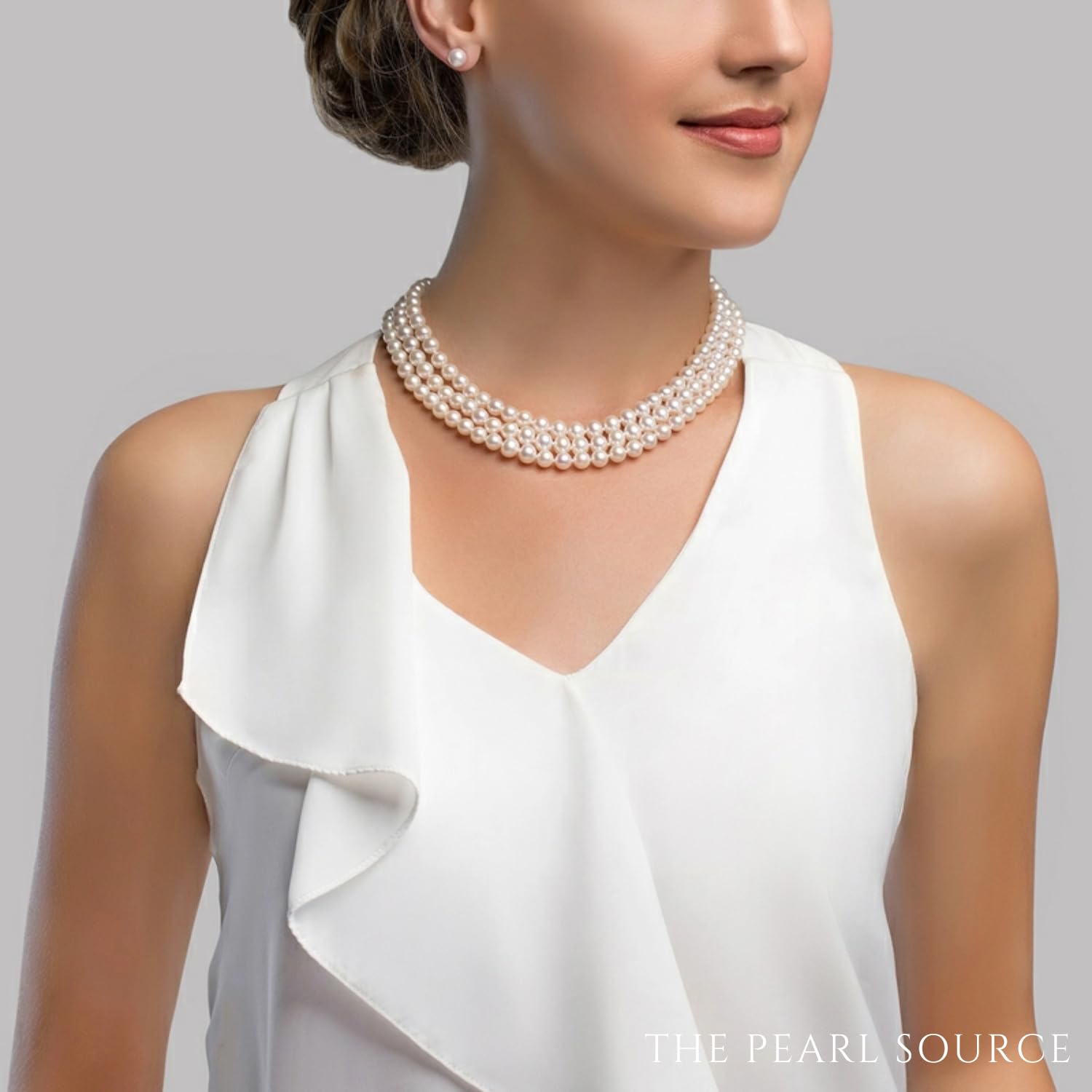 The Pearl Source Sterling Silver 7-8mm AAAA Quality Triple Strand White Freshwater Cultured Pearl Necklace for Women in 16-17-18" Princess Length