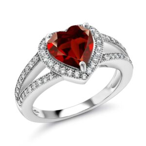 Gem Stone King 925 Sterling Silver Red Garnet & White Moissanite Ring For Women | 2.71 Cttw | Gemstone Birthstone | Heart Shape 8MM | Available In Size 5,6,7,8,9