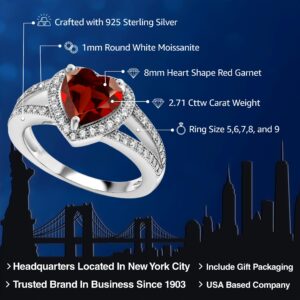 Gem Stone King 925 Sterling Silver Red Garnet & White Moissanite Ring For Women | 2.71 Cttw | Gemstone Birthstone | Heart Shape 8MM | Available In Size 5,6,7,8,9