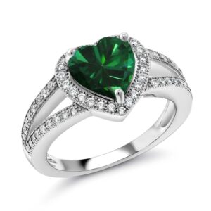 Gem Stone King 925 Sterling Silver Green Nano Emerald and White Moissanite Ring For Women | 1.51 Cttw | Gemstone May Birthstone | Heart Shape 8MM | Available In Size 5,6,7,8,9