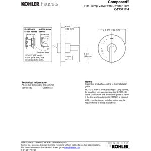 Kohler K-T73117-4-CP T73117-4-CP Composed Trim with Diverter and Lever Handle for Rite-Temp Pressure Balancing, Valve Not Included, Polished Chrome