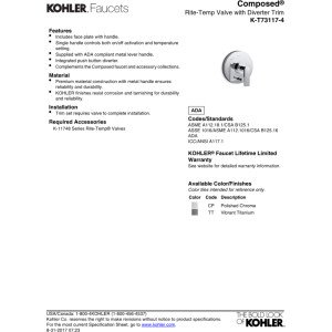 Kohler K-T73117-4-CP T73117-4-CP Composed Trim with Diverter and Lever Handle for Rite-Temp Pressure Balancing, Valve Not Included, Polished Chrome