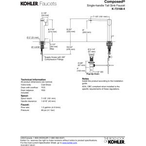 KOHLER K-73168-4-CP 73168-4-CP Composed Tall Single Bathroom Sink Faucet with Lever Handle, Polished Chrome