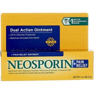 neosporin + maximum-strength pain relief dual action ointment, first aid topical antibiotic & analgesic ointment for 24-hour infection protection with bacitracin zinc & pramoxine hcl, 1 oz (pack of 2)