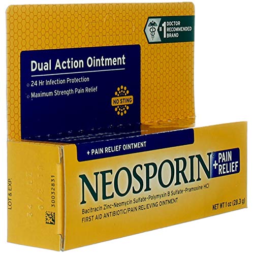 Neosporin + Maximum-Strength Pain Relief Dual Action Ointment, First Aid Topical Antibiotic & Analgesic Ointment for 24-Hour Infection Protection with Bacitracin Zinc & Pramoxine HCl, 1 oz (Pack of 2)